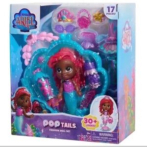 New Disney Junior ARIEL Pop Tails Fashion Doll Playset with Storage Case, 17 Pcs